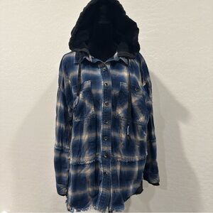 Free People  We the Free Calico Basin  Blue Plaid Hoodie sz Small